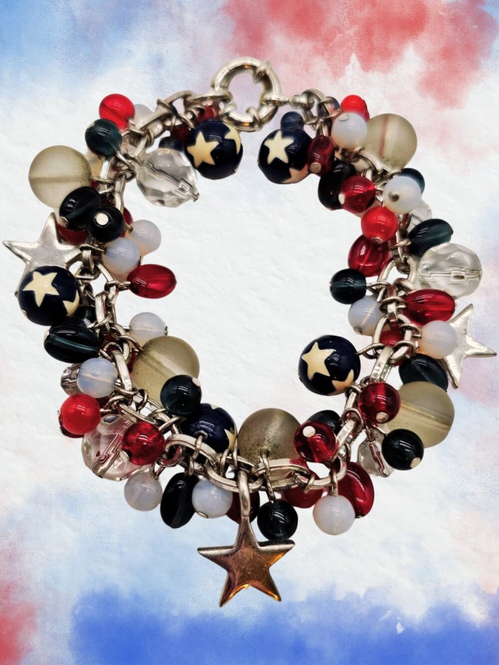 Patriotic Glass Bead Charm Bracelet Red White Blue Stars Silver Tone USA